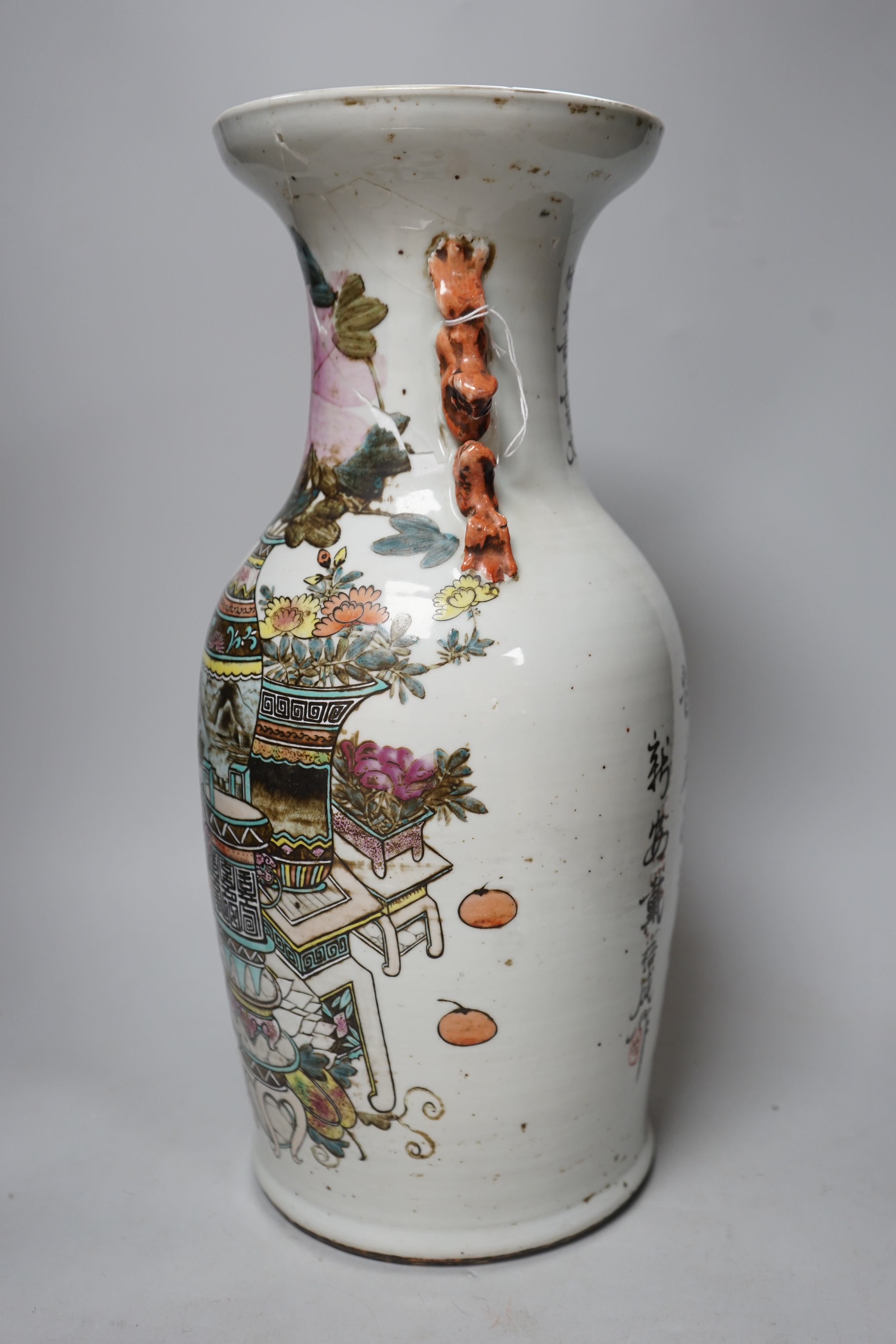 A Chinese famille rose 'Hundred Antiques' vase, 44cm